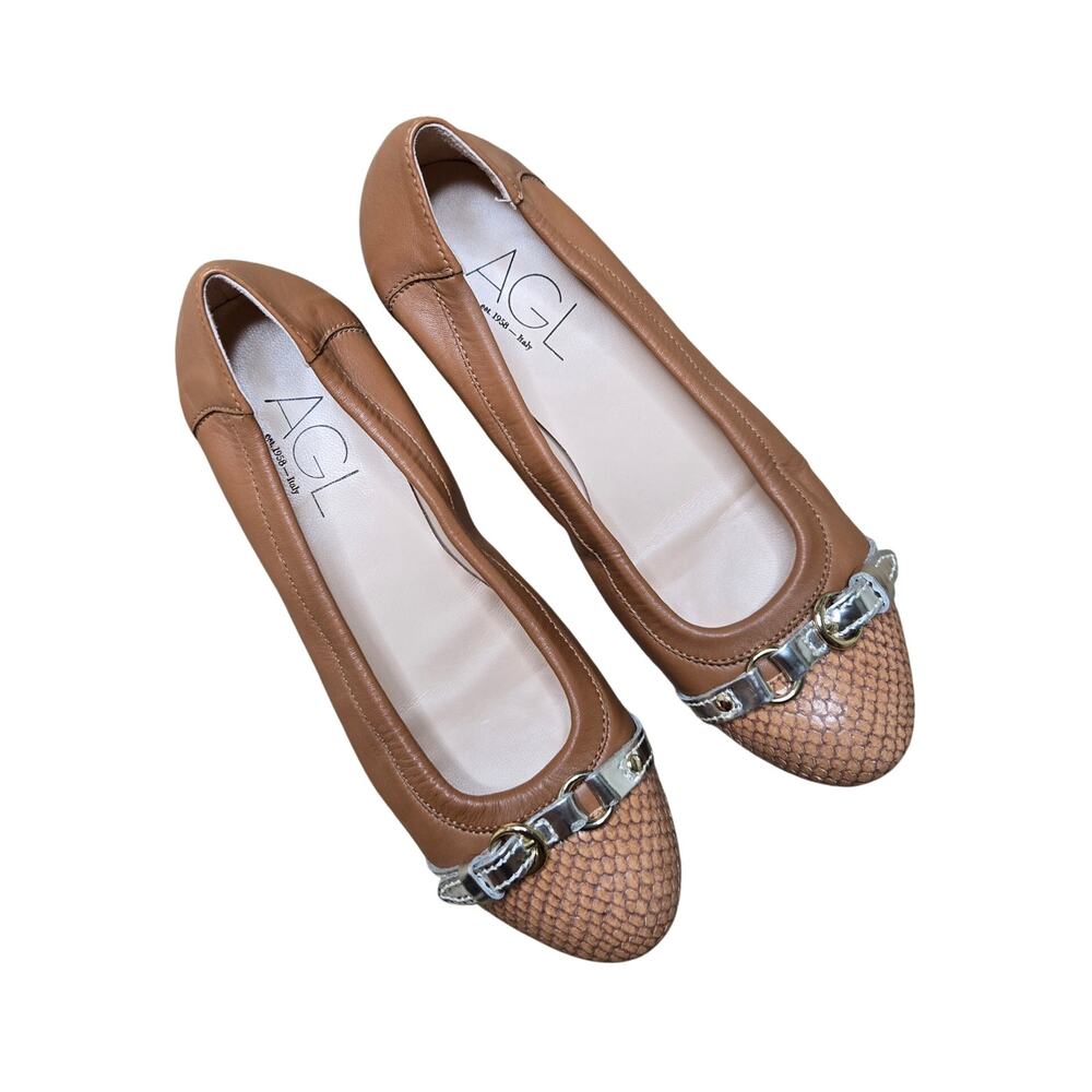 AGL Women’s Monika Cap Toe Leather Ballet Flat Tan Size 37